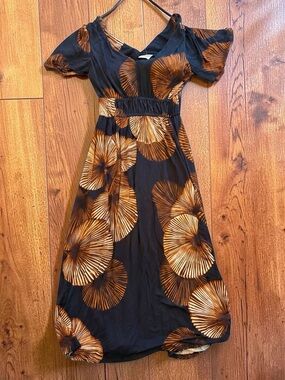 Sonoma Black Midi Dress with Brown Floral Fans